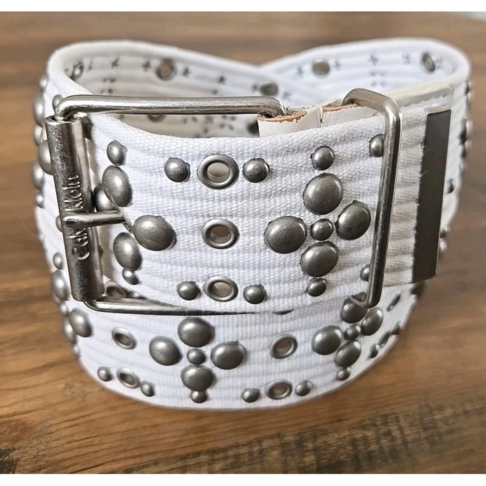 VTG Calvin Klein Women's Leather/Cotton Canvas Grommets/Studs White Small 31-33
